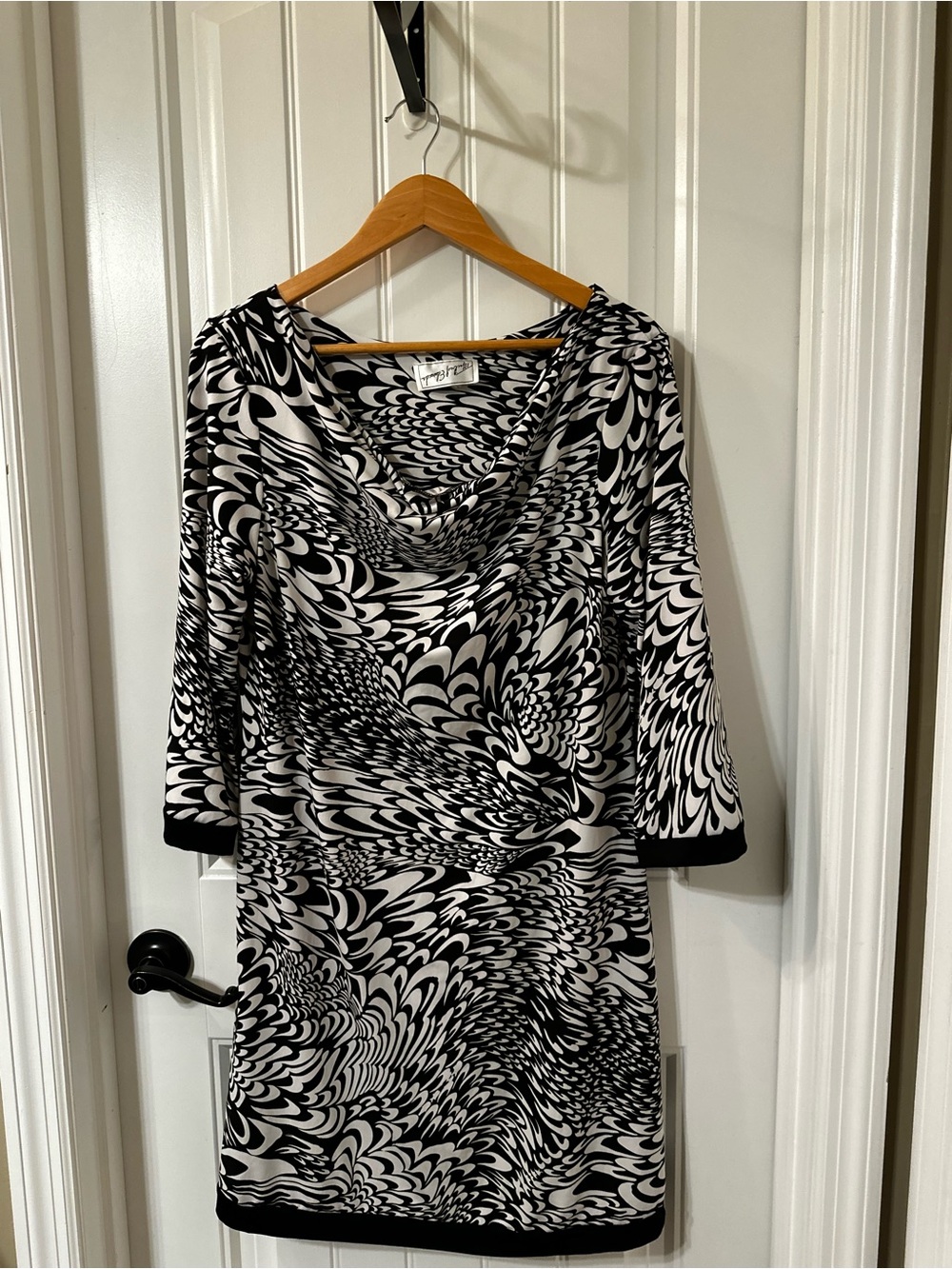 Black and White Patterned Women's Dress with Cowl Neck